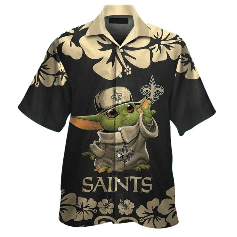 New Orleans Saints And Baby Yoda Hibiscus Black Pattern Hawaiian Shirt 1