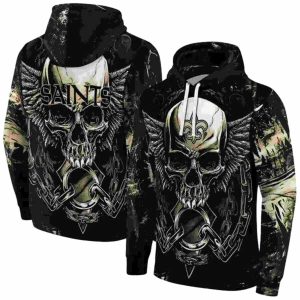 New Orleans Saints Angel Skull Artwork Gold Black AOP Hoodie