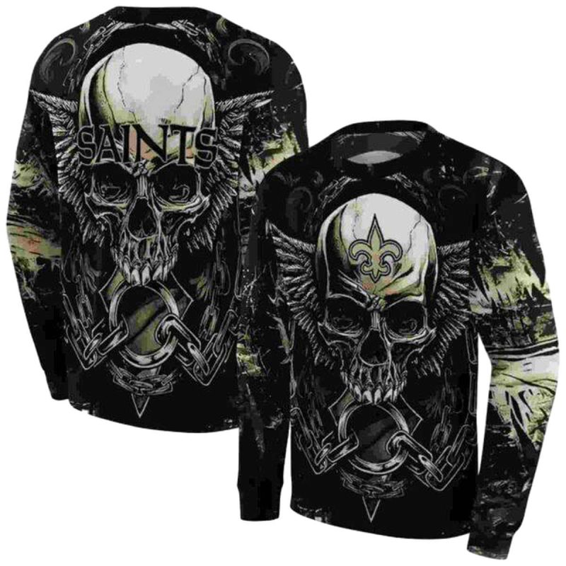 New Orleans Saints Angel Skull Artwork Gold Black Aop Sweatshirt 1