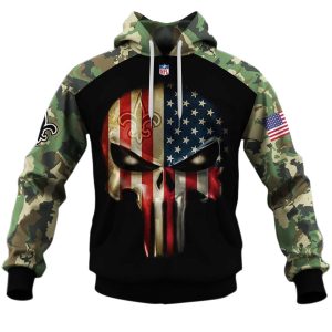 New Orleans Saints Army Camouflage American Flag Punisher Skull AOP Hoodie