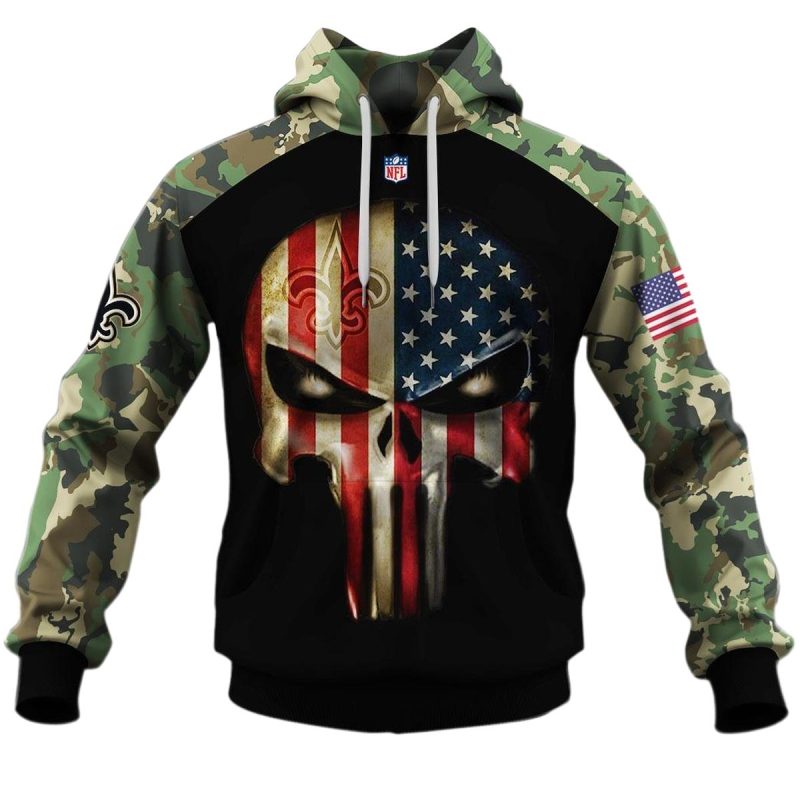 New Orleans Saints Army Camouflage American Flag Punisher Skull Aop Hoodie 1