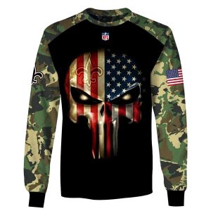 New Orleans Saints Army Camouflage American Flag Punisher Skull AOP Sweatshirt