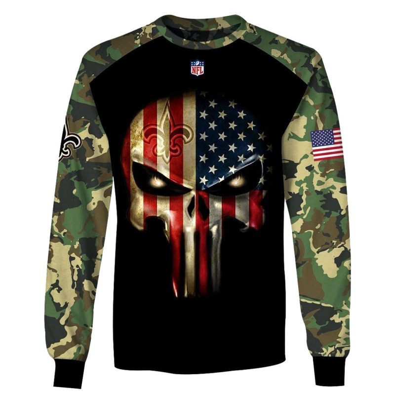 New Orleans Saints Army Camouflage American Flag Punisher Skull Aop Sweatshirt 1