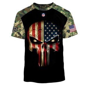 New Orleans Saints Army Camouflage American Flag Punisher Skull AOP T Shirt