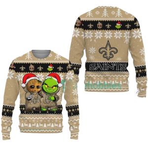 New Orleans Saints Baby Groot And Grinch Best Friends Ugly Sweater