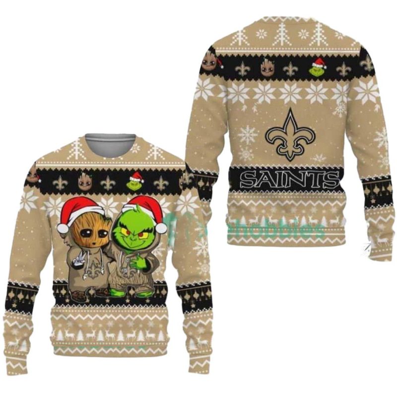 New Orleans Saints Baby Groot And Grinch Best Friends Ugly Sweater 1