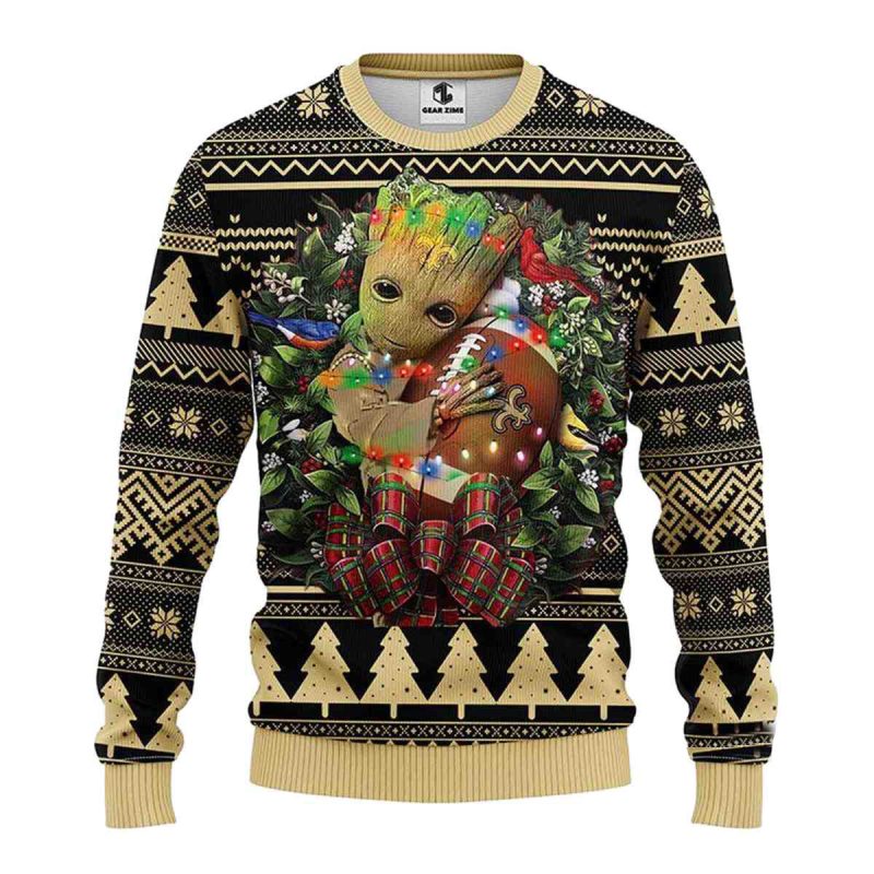 New Orleans Saints Baby Groot Hug Ball Christmas Ugly Sweater 1