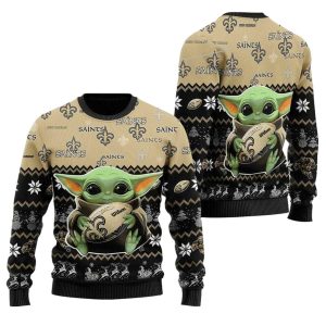 New Orleans Saints Baby Yoda Hug Ball Black And Gold Ugly Sweater