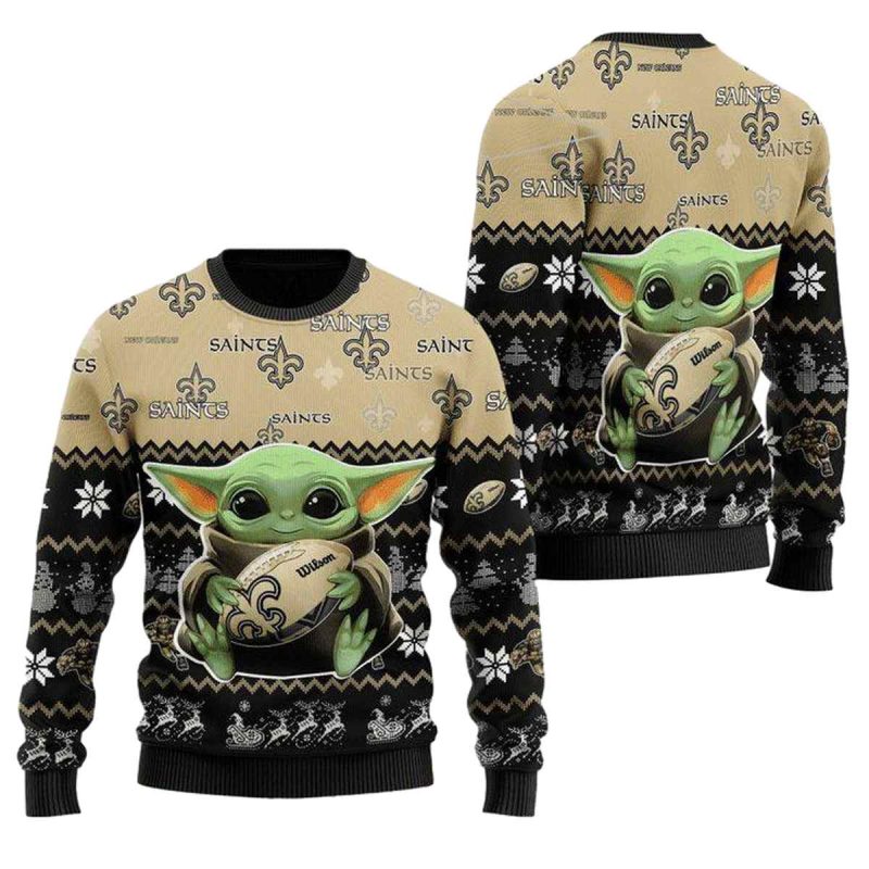 New Orleans Saints Baby Yoda Hug Ball Black And Gold Ugly Sweater 1