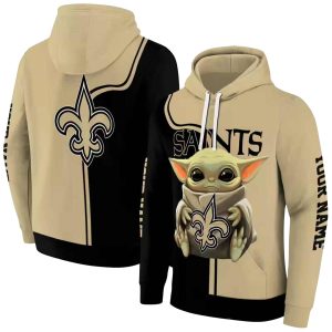 New Orleans Saints Baby Yoda Hug Logo Gold Black AOP Hoodie