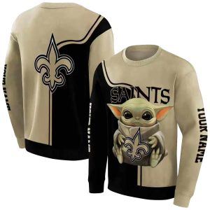 New Orleans Saints Baby Yoda Hug Logo Gold Black AOP Sweatshirt