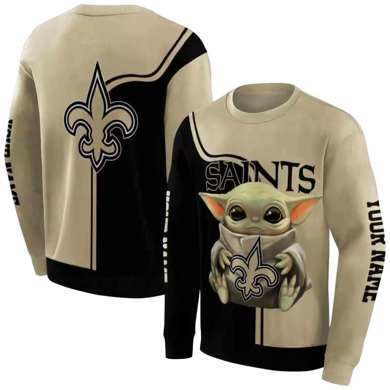 New Orleans Saints Baby Yoda Hug Logo Gold Black Aop Sweatshirt 1