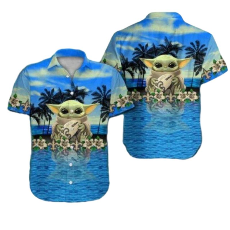 New Orleans Saints Blue Ocean Baby Yoda Tropical Hawaiian Shirt 1