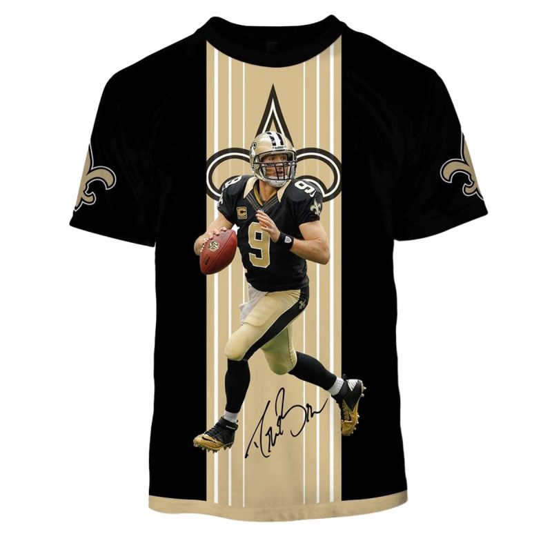 New Orleans Saints Drew Brees 9 Jersey With Signature Aop T Shirt 1