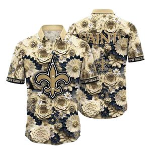 New Orleans Saints Floral Emblem Beige Hawaiian Shirt