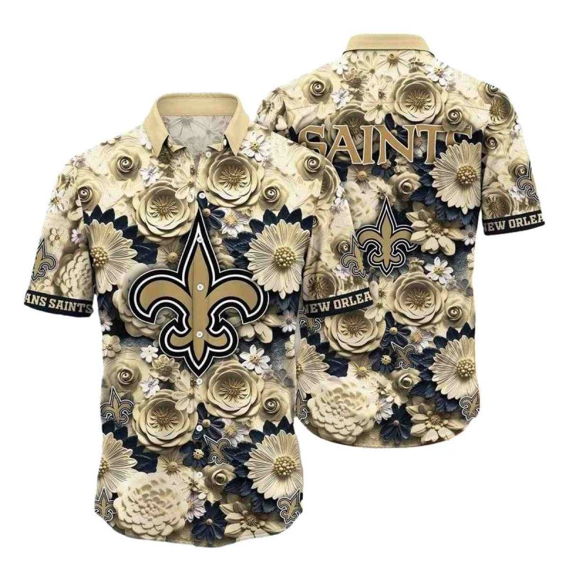 New Orleans Saints Floral Emblem Beige Hawaiian Shirt 1