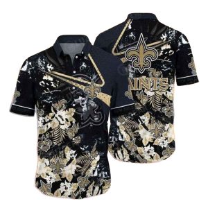 New Orleans Saints Floral Noir Print And Gold Detailing Hawaiian Shirt