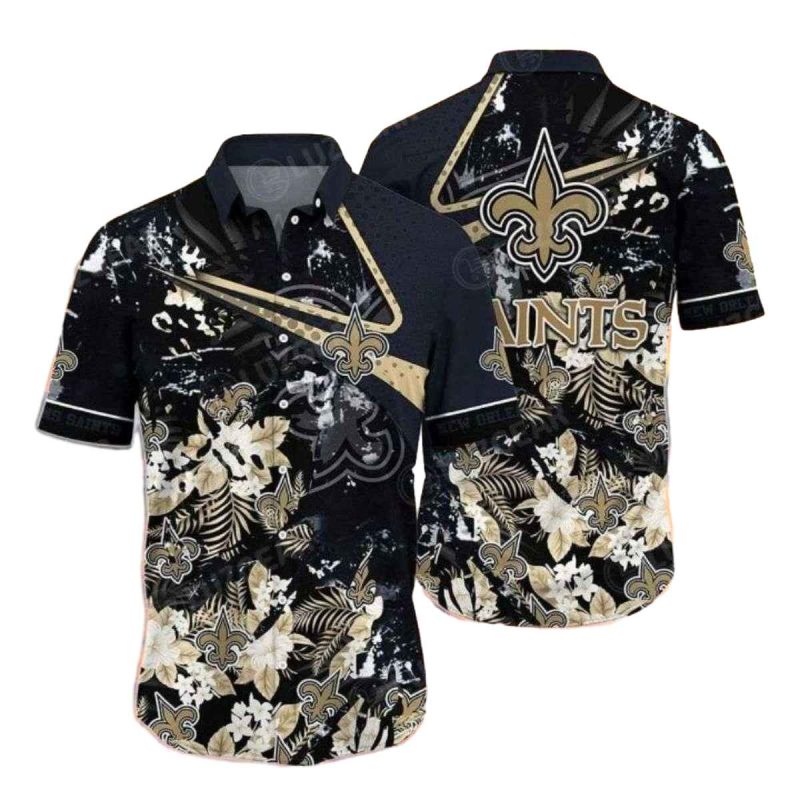New Orleans Saints Floral Noir Print And Gold Detailing Hawaiian Shirt 1