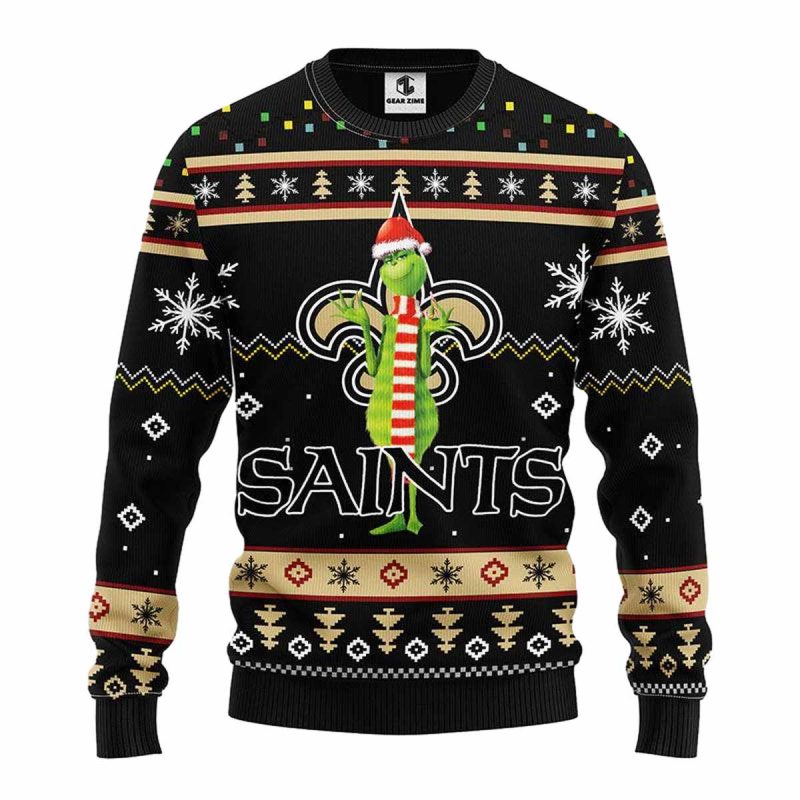 New Orleans Saints Funny Grinch With Santa Hat Ugly Sweater 1