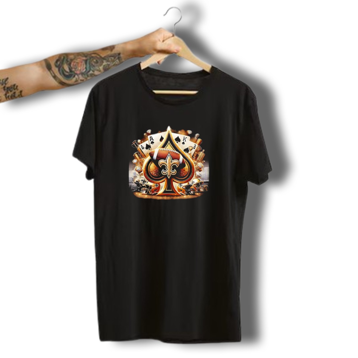New-Orleans-Saints-Gold-Spade-Football-And-Fleur-De-Lis-With-Playing-Cards-And-Helmets-T-Shirt-1_t-shirt-3_4