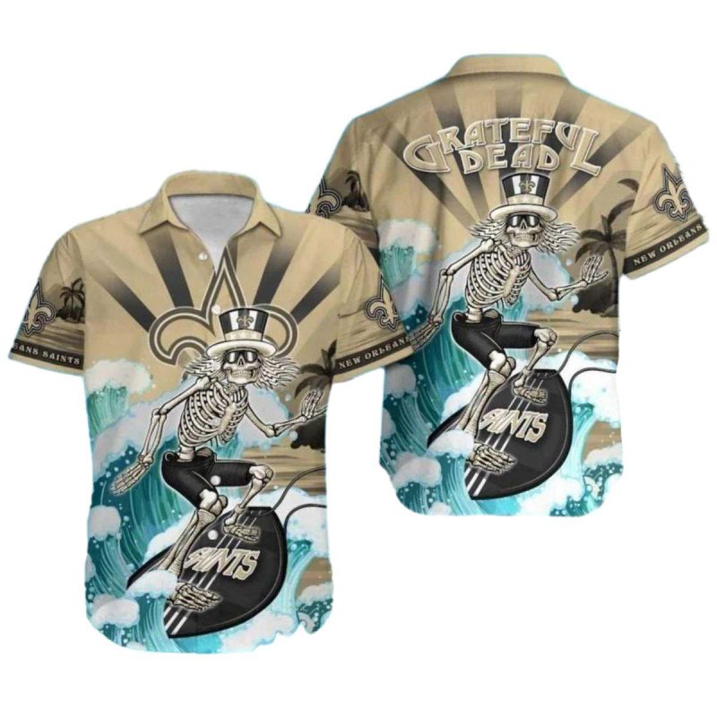 New Orleans Saints Grateful Dead Skeleton Surf Hawaiian Shirt 1