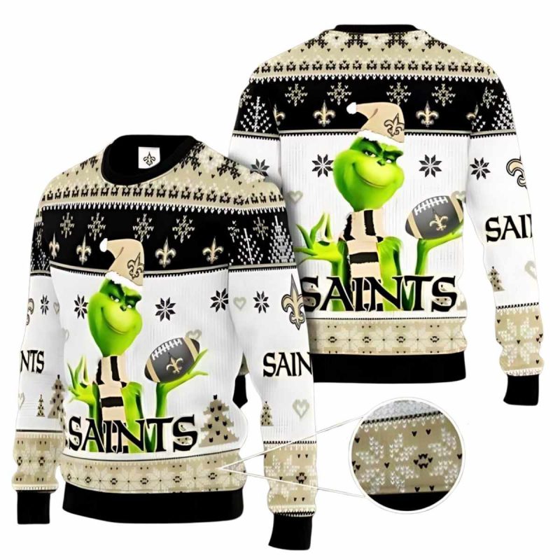 New Orleans Saints Grinch Cheer Christmas White And Black Ugly Sweater 1