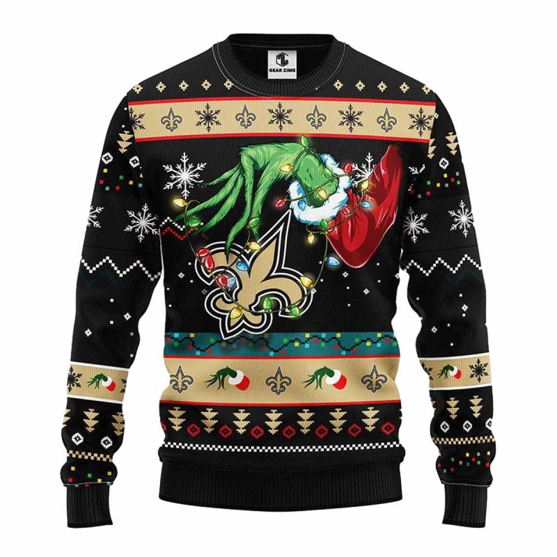 New Orleans Saints Grinch Hand Ugly Sweater 1