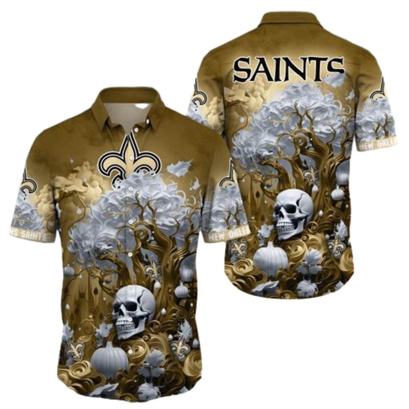 New Orleans Saints Halloween Skull Pumpkin Hawaiian Shirt 1