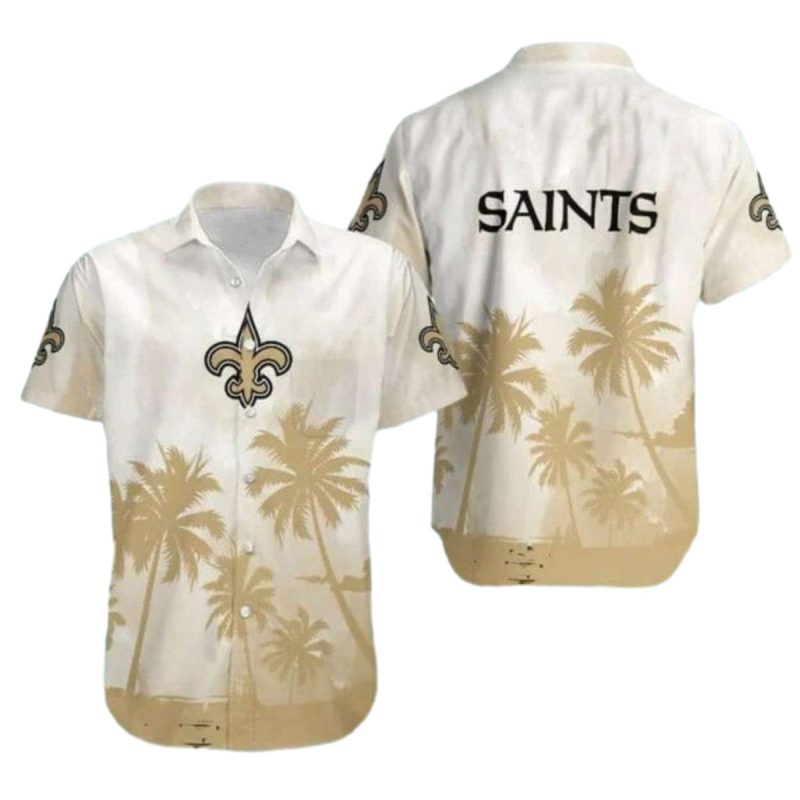 New Orleans Saints Hawaiian Shirt White Gold Palm Design 1