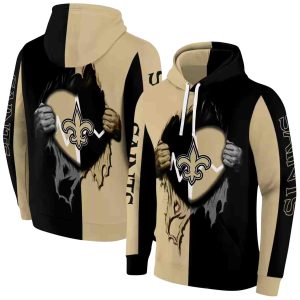 New Orleans Saints Heartbeat Graphic Gold Black AOP Hoodie