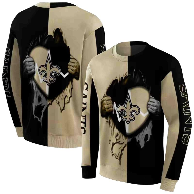 New Orleans Saints Heartbeat Graphic Gold Black Aop Sweatshirt 1
