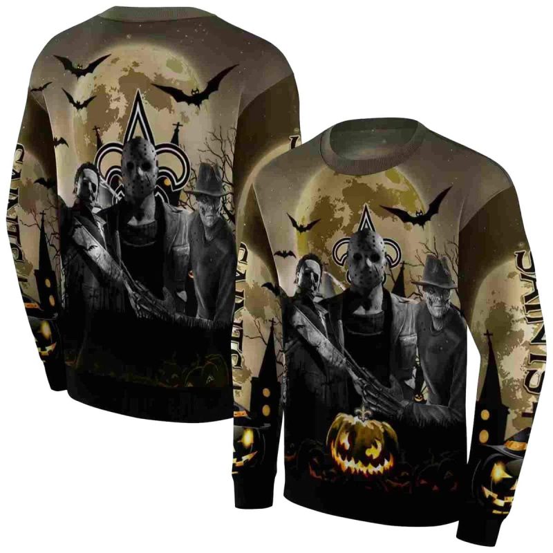New Orleans Saints Horror Movie Halloween Vibes Gold Black Aop Sweatshirt 1