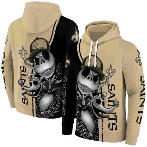 New Orleans Saints Jack Skellington Gold Black AOP Hoodie