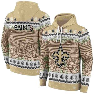 New Orleans Saints Logo And Christmas Trees Gold AOP Hoodie