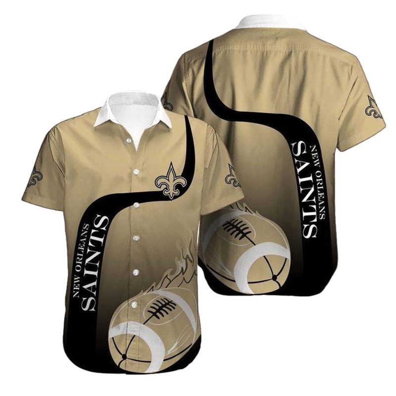 New Orleans Saints Logo And Flame Ball Black Gold Hawaiian Shirt 1