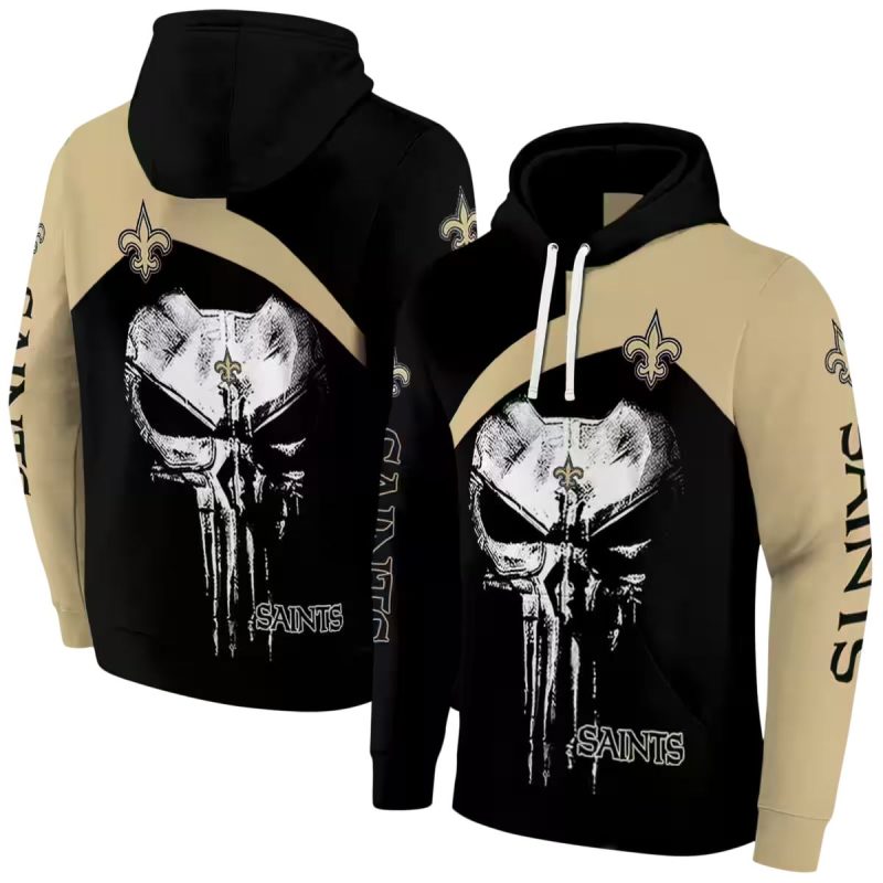 New Orleans Saints Logo And Skull Punisher Black Gold Aop Hoodie 1