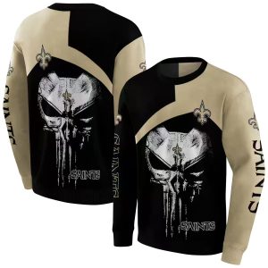 New Orleans Saints Logo And Skull Punisher Black Gold AOP Sweatshirt