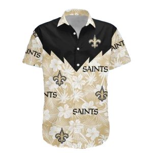 New Orleans Saints Logo Black And Beige Paneled Hawaiian Shirt