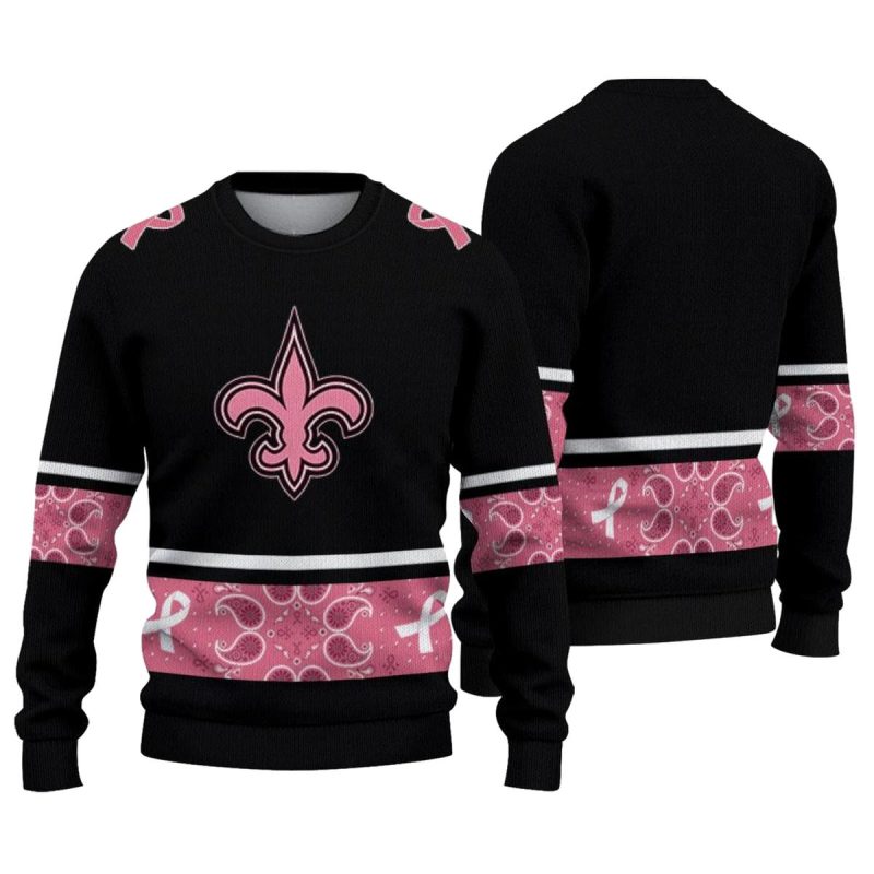 New Orleans Saints Logo Pink Ribbon Black Pink Aop Sweatshirt 1