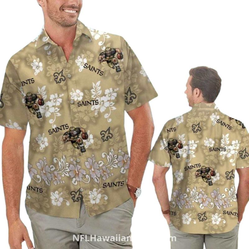 New Orleans Saints Mascot Hibiscus Gold Hawaiian Shirt 1
