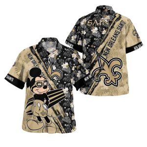 New Orleans Saints Mickey Mouse Floral Gold Hawaiian Shirt