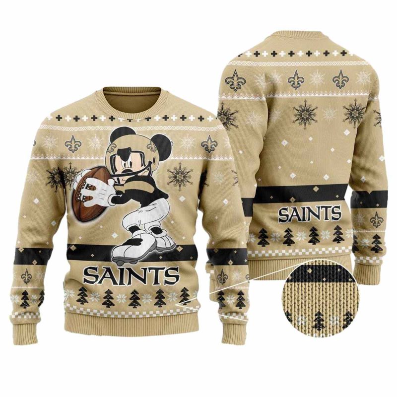 New Orleans Saints Mickey Mouse Funny Christmas Gold Ugly Sweater 1