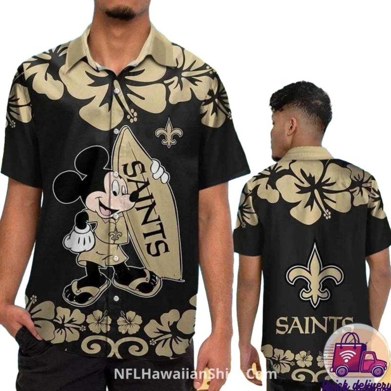 New Orleans Saints Mickey Surfboard Gold Hibiscus Black Hawaiian Shirt 1