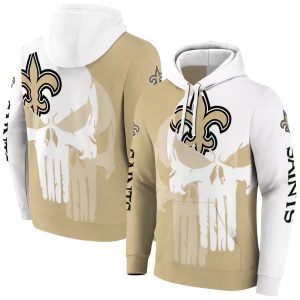 New Orleans Saints Punisher Skull Gold White AOP Hoodie