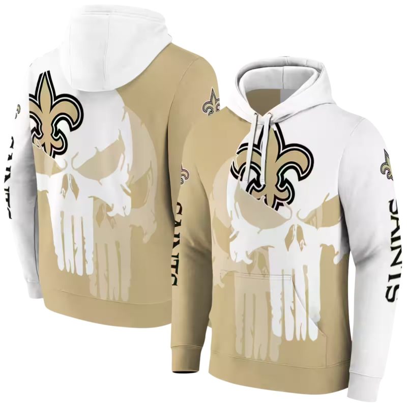 New Orleans Saints Punisher Skull Gold White Aop Hoodie 1
