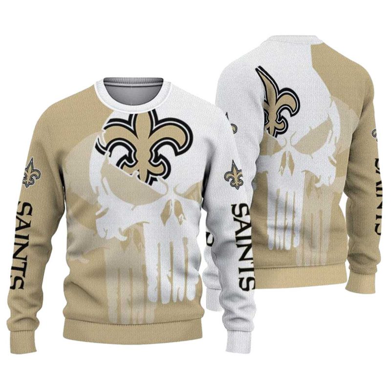 New Orleans Saints Punisher Skull Split Gold White Aop Sweatshirt 1