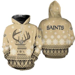 New Orleans Saints Reindeer Merry Christmas Gold Pattern AOP Hoodie