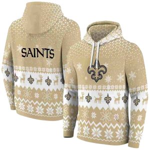 New Orleans Saints Reindeer Motif Christmas Gold AOP Hoodie