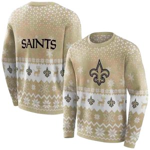 New Orleans Saints Reindeer Motif Christmas Gold AOP Sweatshirt