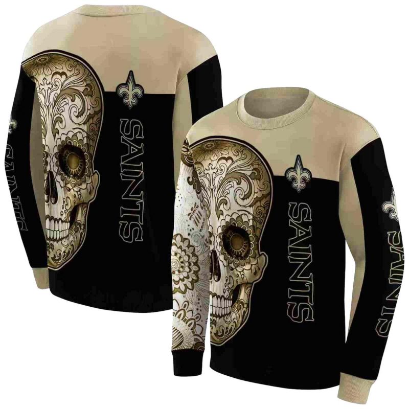 New Orleans Saints Sugar Skull Gold Black Aop Sweatshirt 1